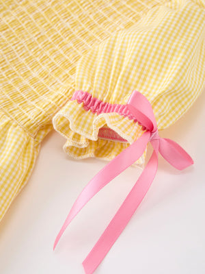 Girls Back To School Pencil Twirl Yellow Dress Bow Applique Smocked