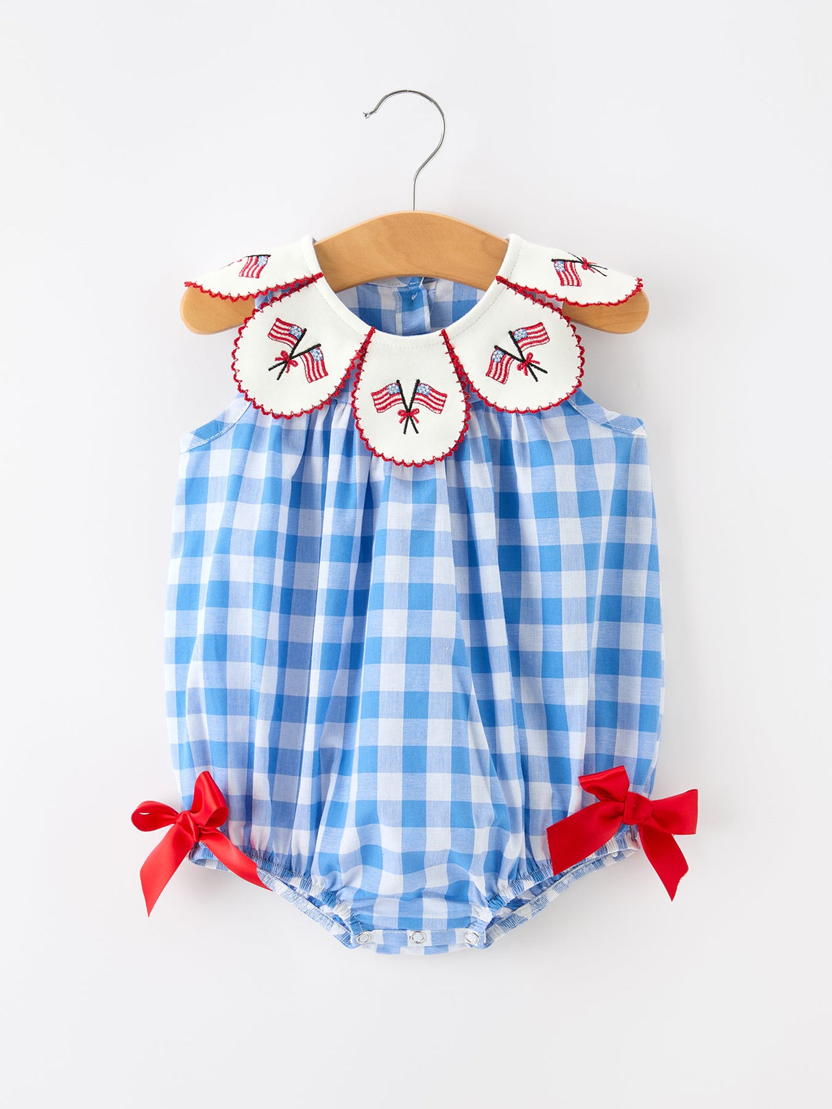 Girls 4th of July Plaid Romper Bow Embroidery Petals Collar