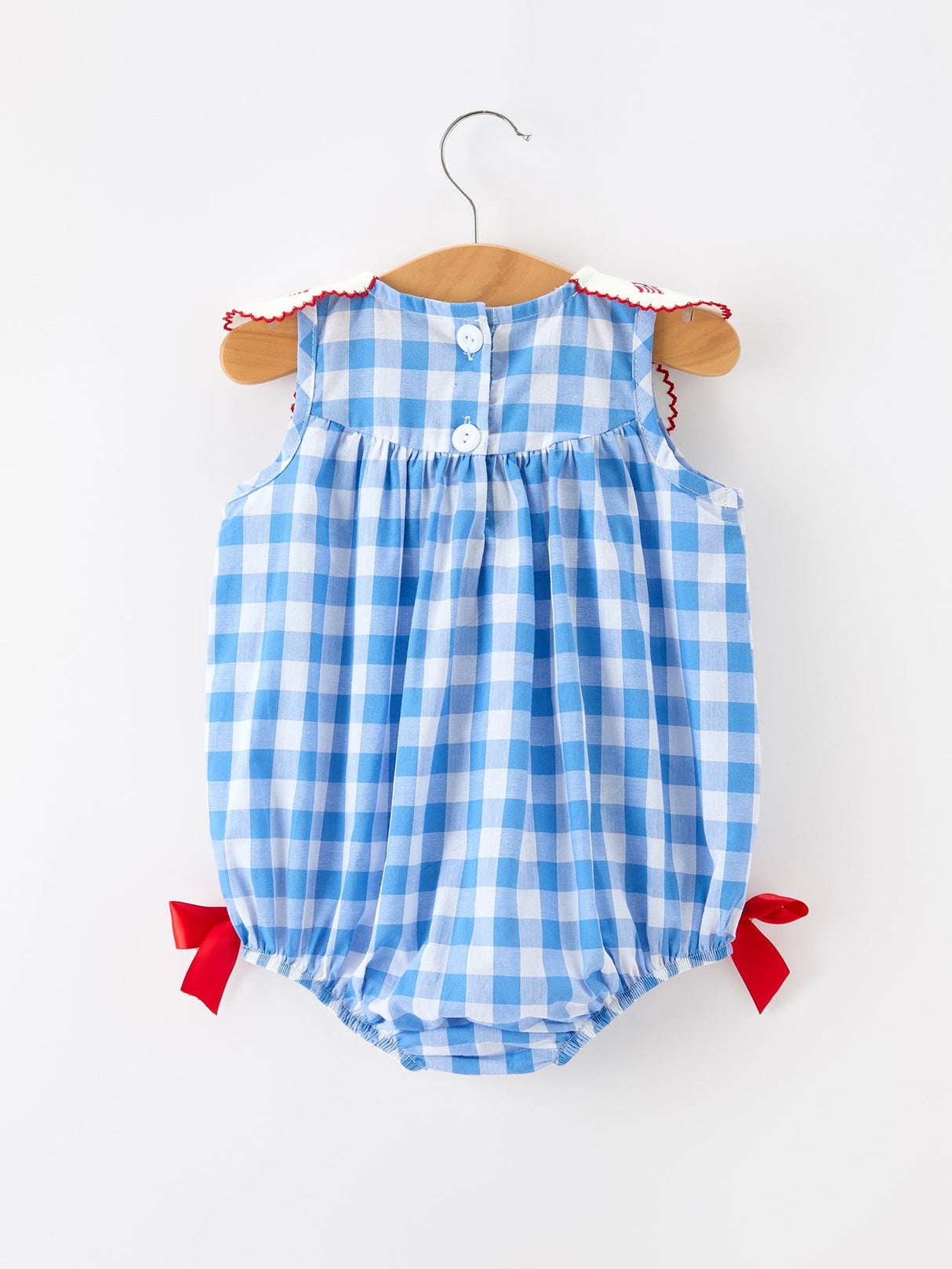 Girls 4th of July Plaid Romper Bow Embroidery Petals Collar