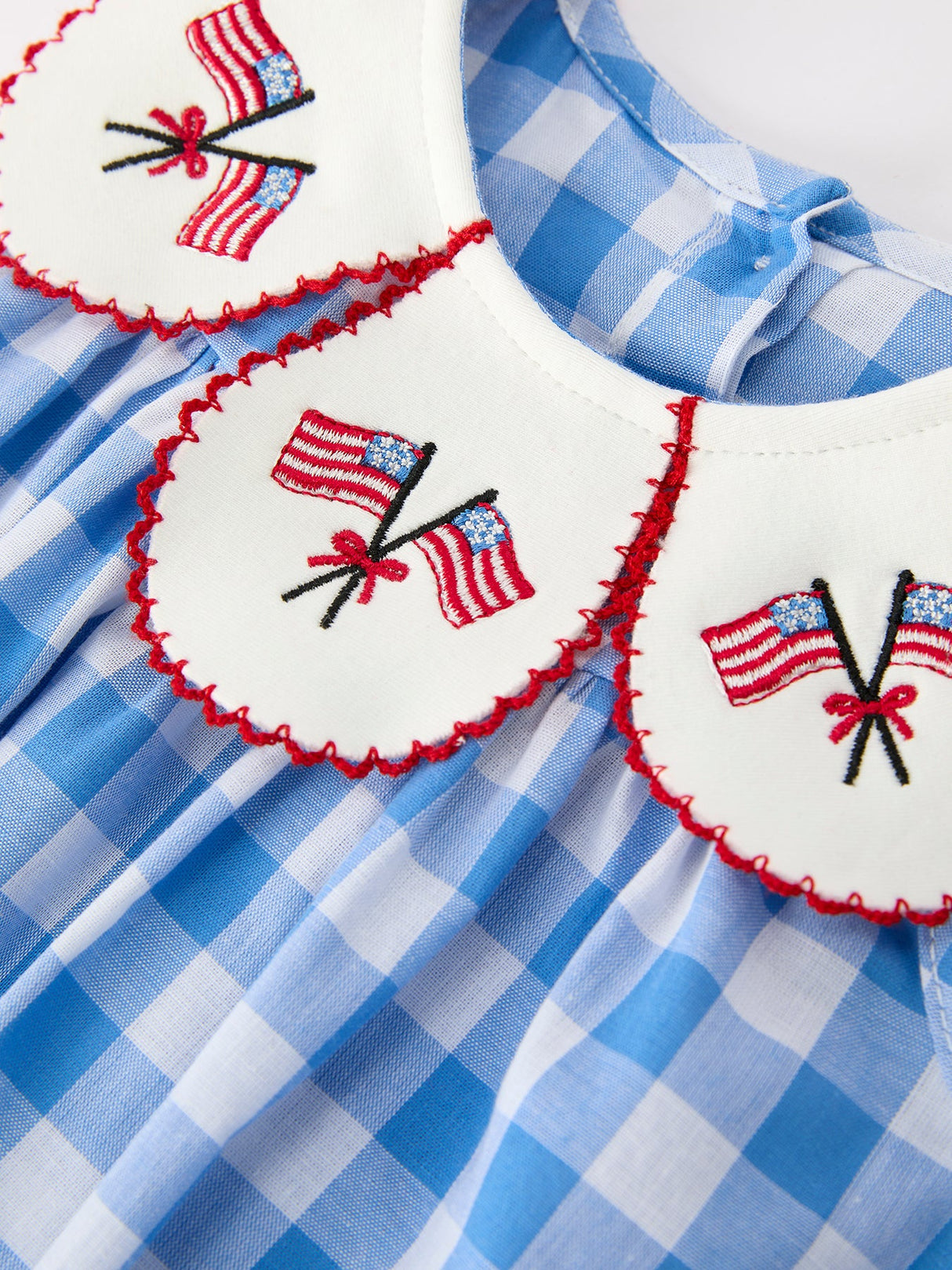 Girls 4th of July Plaid Romper Bow Embroidery Petals Collar