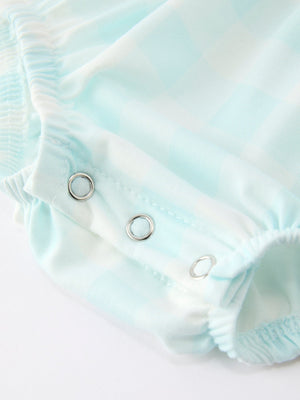 Spring Plaid Bow Girls Romper Smocked Petals Collar Puff Sleeve