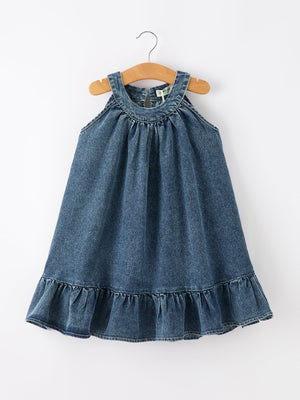 Girls Denim Ruffle Trim A-Line Dress