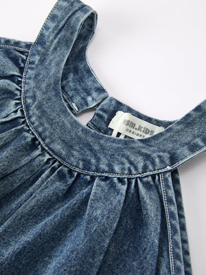 Girls Denim Ruffle Trim A-Line Dress