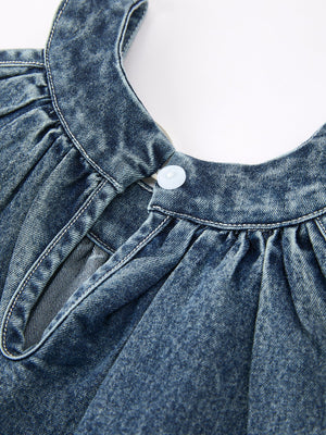 Girls Denim Ruffle Trim A-Line Dress