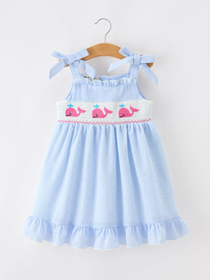 Whale Embroidered Smocked Seersucker Girls Dress Bow