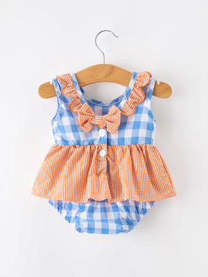 Summer Whale Embroidery Girls Romper Plaid Ruffle Collar
