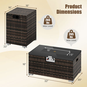 2-Piece Outdoor Rattan Fire Table Set 32 Inch Rectangle Gas Firepit with Tank Cover-Brown