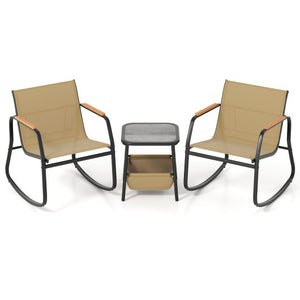 3 Piece Rocking Bistro Chairs and Side Table Set with Storage Bag-Brown