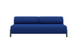 The Palo 2-seater Sofa features a modern blue design with a minimalist style and black legs, set against a plain white background. It includes two cushions for the backrest and boasts a sleek, contemporary appearance.