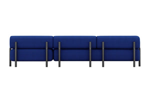 The Palo 3-seater Sofa is a contemporary piece in blue, featuring three sections and supported by sleek vertical black metal rods, designed in a minimalist style and set against a plain white background.