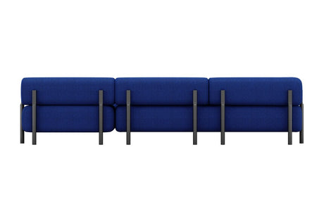 The Palo 3-seater Sofa is a contemporary piece in blue, featuring three sections and supported by sleek vertical black metal rods, designed in a minimalist style and set against a plain white background.