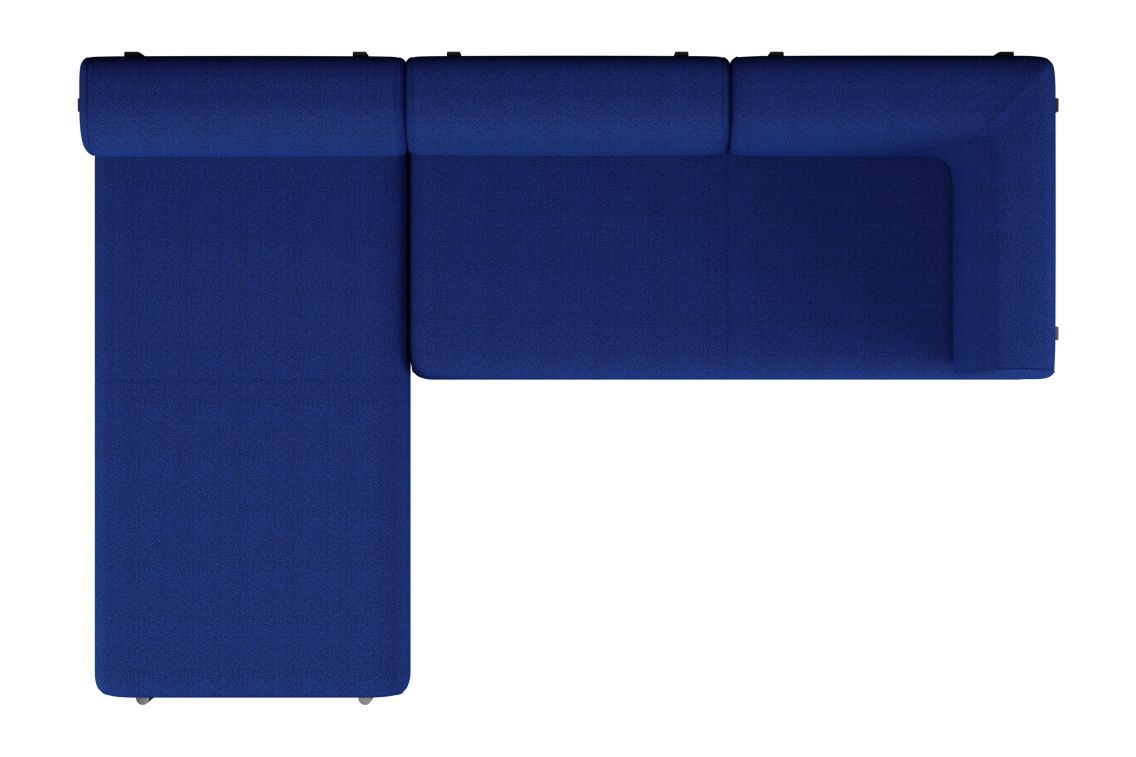 Top view of a modern, L-shaped Palo 3-seater Sofa in blue with clean lines. The sofa includes a chaise lounge section on the left and a slim backrest, making it perfect for a contemporary living room setting.