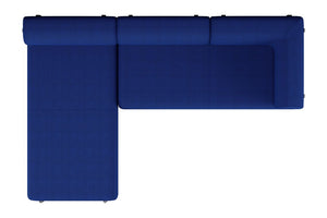 Top view of a modern, L-shaped Palo 3-seater Sofa in blue with clean lines. The sofa includes a chaise lounge section on the left and a slim backrest, making it perfect for a contemporary living room setting.