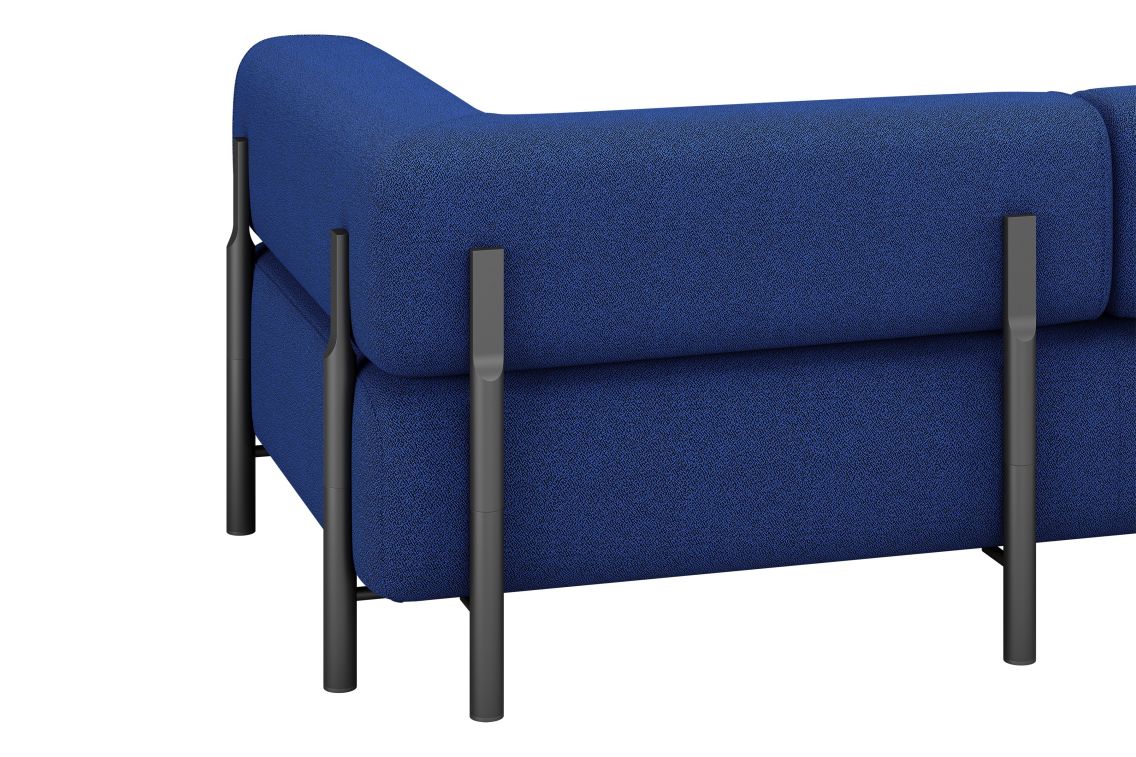 Introducing the Palo 3-seater Sofa: a modern couch upholstered in blue fabric with sleek black metal supports, featuring a minimalist design. The armrest gracefully curves at the corner, highlighting the sofa's clean lines and contemporary style.