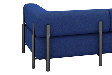 Introducing the Palo 3-seater Sofa: a modern couch upholstered in blue fabric with sleek black metal supports, featuring a minimalist design. The armrest gracefully curves at the corner, highlighting the sofa's clean lines and contemporary style.