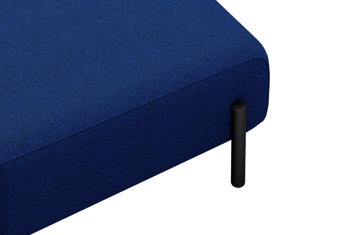 A detailed view of the Palo 3-seater Sofa shows its blue fabric and black cylindrical leg. The fabric's texture stands out, while the design presents a modern and minimalist style against a white backdrop.