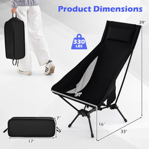 High Back Portable Camping Chair with Compact Carry Bag and Pillow-Black