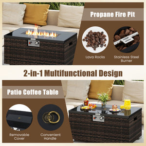 2-Piece Outdoor Rattan Fire Table Set 32 Inch Rectangle Gas Firepit with Tank Cover-Brown
