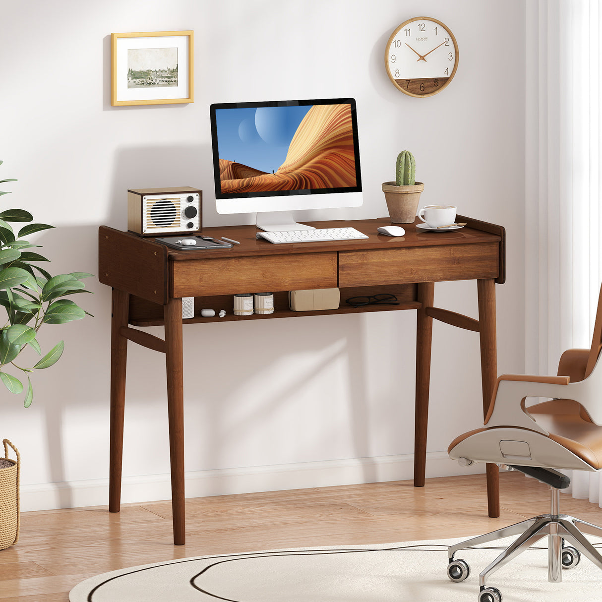 Bamboo Writing Desk with 2 Storage Drawers and Open Shelf-Walnut