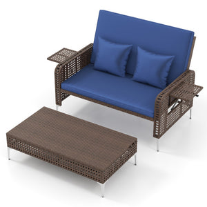 2 Piece Patio Rattan Daybed Wicker Loveseat and Ottoman with Adjustable Backrest-Navy