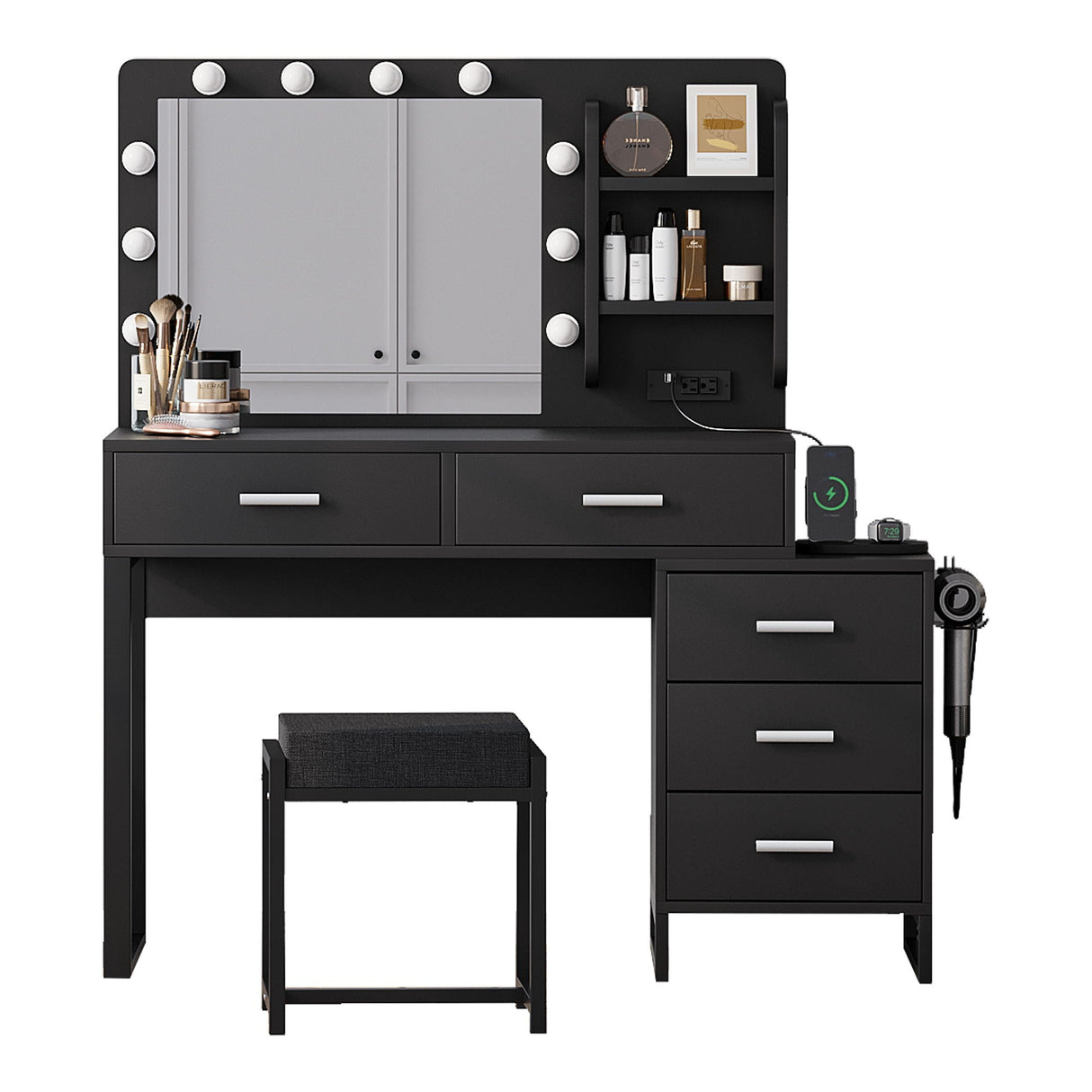 Vanity Desk With Lights, Makeup Vanity Set With Charging Station, Dressing Table With 5 Drawers And Cabinet, Vanity Mirror 3 Lighting Color Adjustable - Black by Couch.com