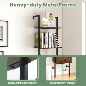 5-Tier Ladder Bookcase with Drawer and Metal Frame for Study Home Office-Rustic Brown