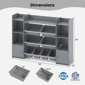 56 inch Large Toy Storage Organizer with 8 Removable Bins and Bookshelf-Gray