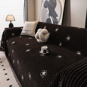 Chenille Camellia Floral Sofa Throw Cover Couch Blanket with Striped Jacquard