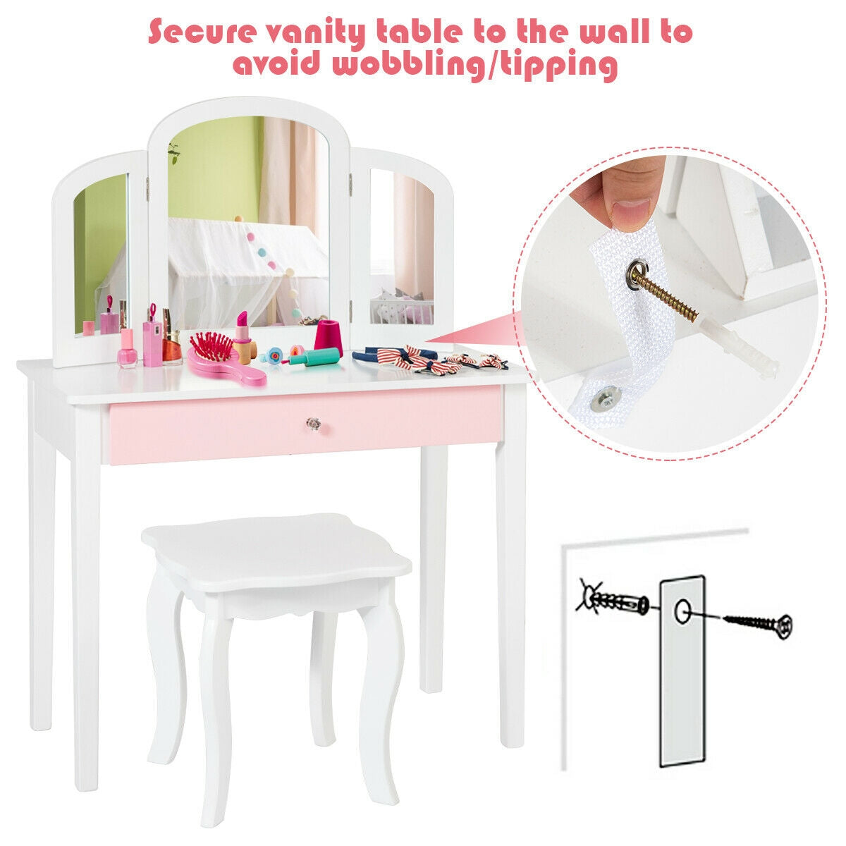 Kids Princess Make Up Dressing Table with Tri-folding Mirror and Chair-Pink