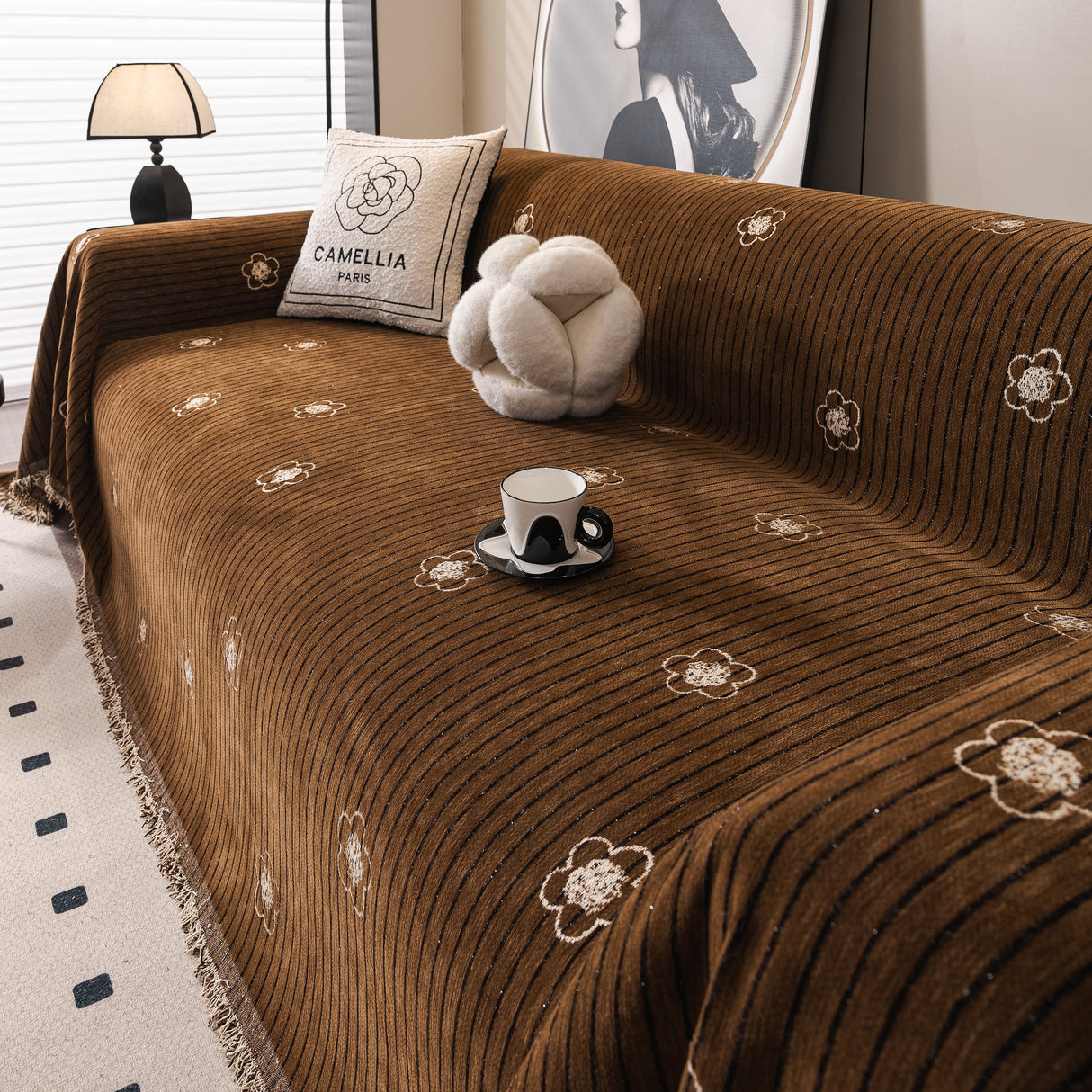 Chenille Camellia Floral Sofa Throw Cover Couch Blanket with Striped Jacquard