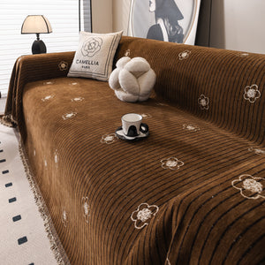 Chenille Camellia Floral Sofa Throw Cover Couch Blanket with Striped Jacquard