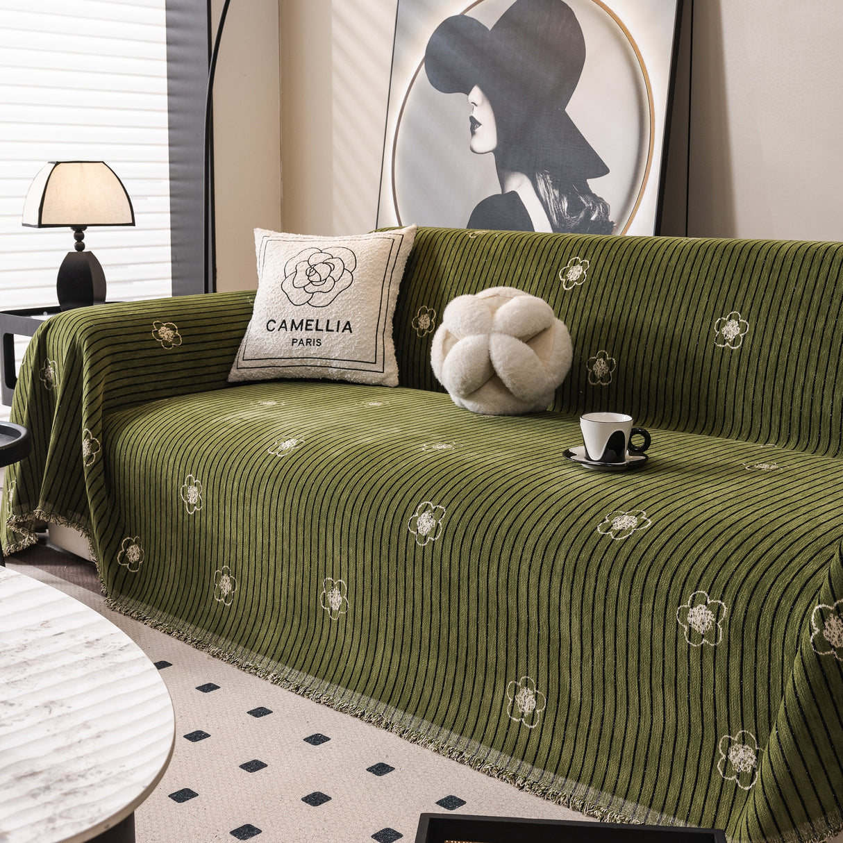 Chenille Camellia Floral Sofa Throw Cover Couch Blanket with Striped Jacquard