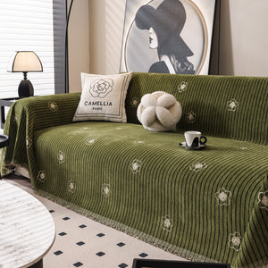 Chenille Camellia Floral Sofa Throw Cover Couch Blanket with Striped Jacquard