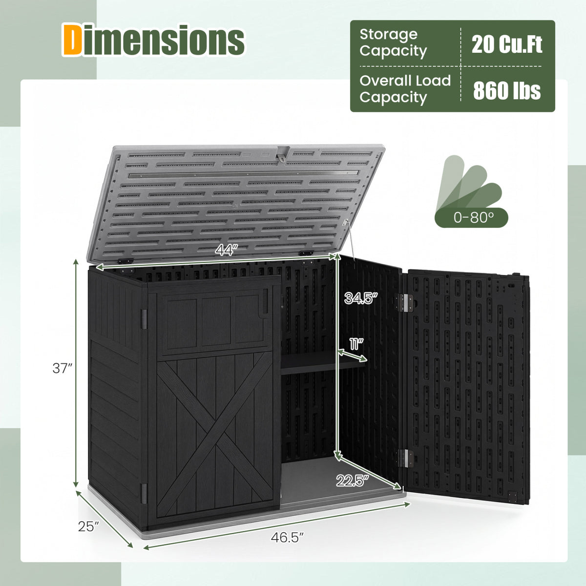 20 Cu.Ft Horizontal Resin Storage Shed with Adjustable Shelf-Black