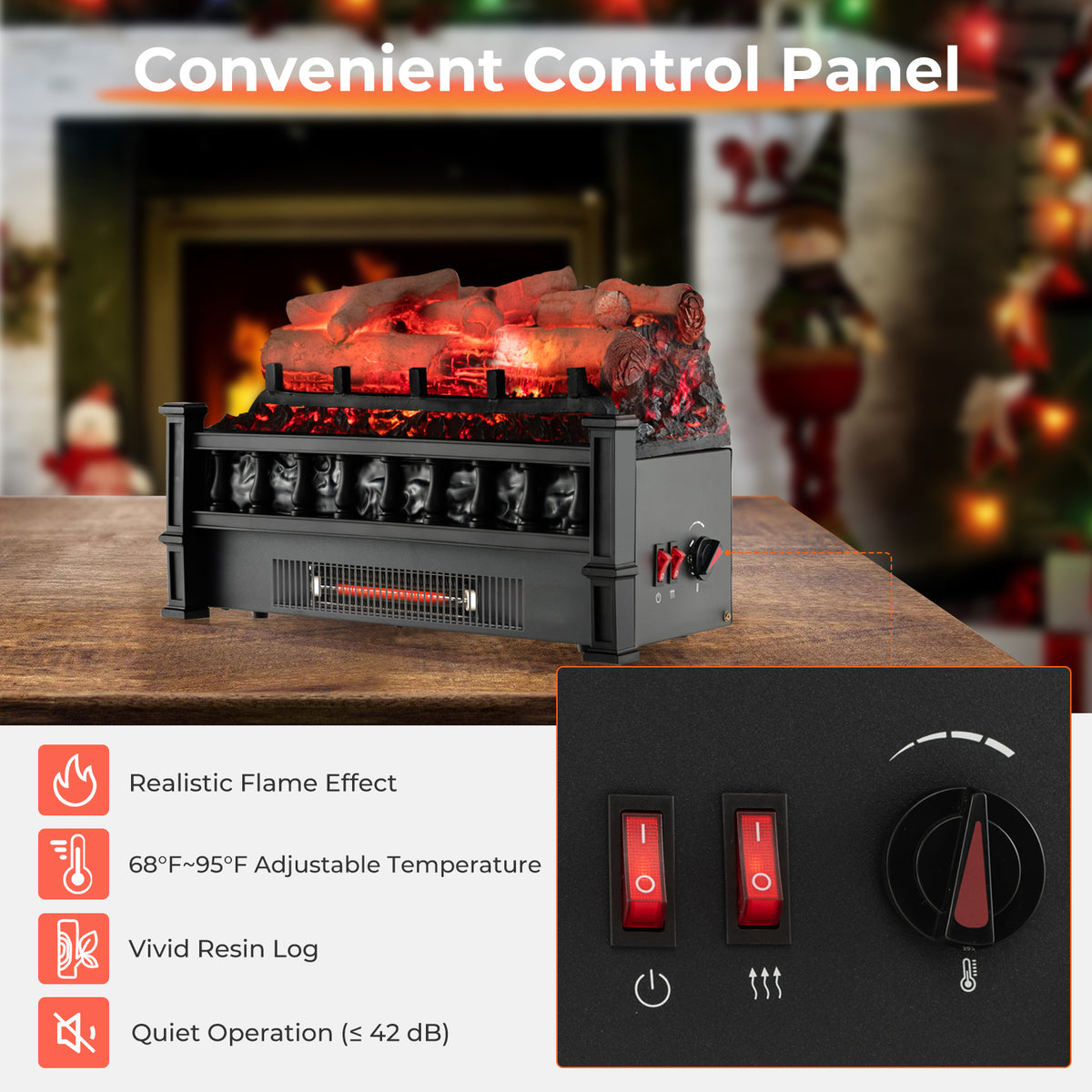 20 Inch Electric Fireplace Heater with Realistic Birchwood Ember Bed-Black