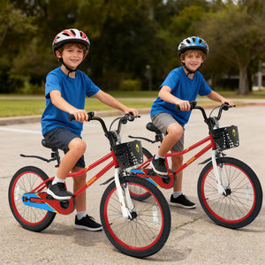 20 Inch Kids Bike Adjustable with Kickstand and Storage Basket for Aged 8+ Years-Red