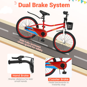 20 Inch Kids Bike Adjustable with Kickstand and Storage Basket for Aged 8+ Years-Red