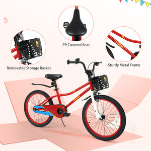 20 Inch Kids Bike Adjustable with Kickstand and Storage Basket for Aged 8+ Years-Red