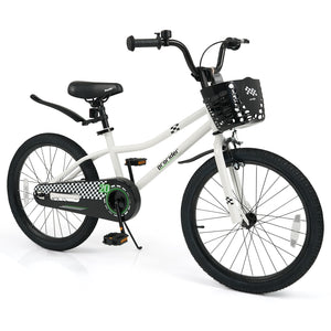 20 Inch Kids Bike Adjustable with Kickstand and Storage Basket for Aged 8+ Years-White