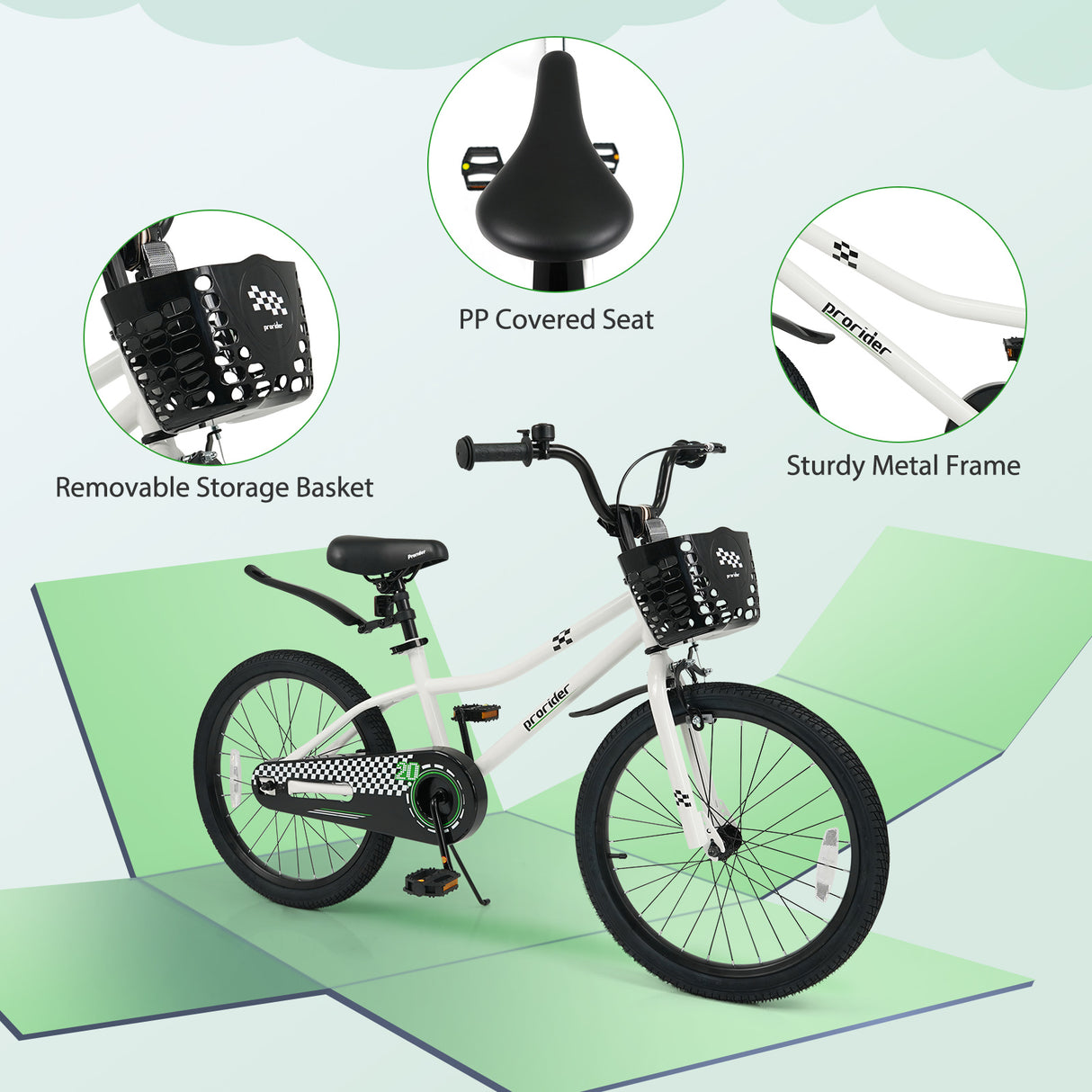 20 Inch Kids Bike Adjustable with Kickstand and Storage Basket for Aged 8+ Years-White