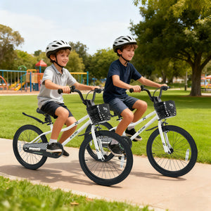 20 Inch Kids Bike Adjustable with Kickstand and Storage Basket for Aged 8+ Years-White
