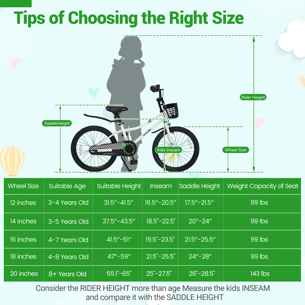 20 Inch Kids Bike Adjustable with Kickstand and Storage Basket for Aged 8+ Years-White