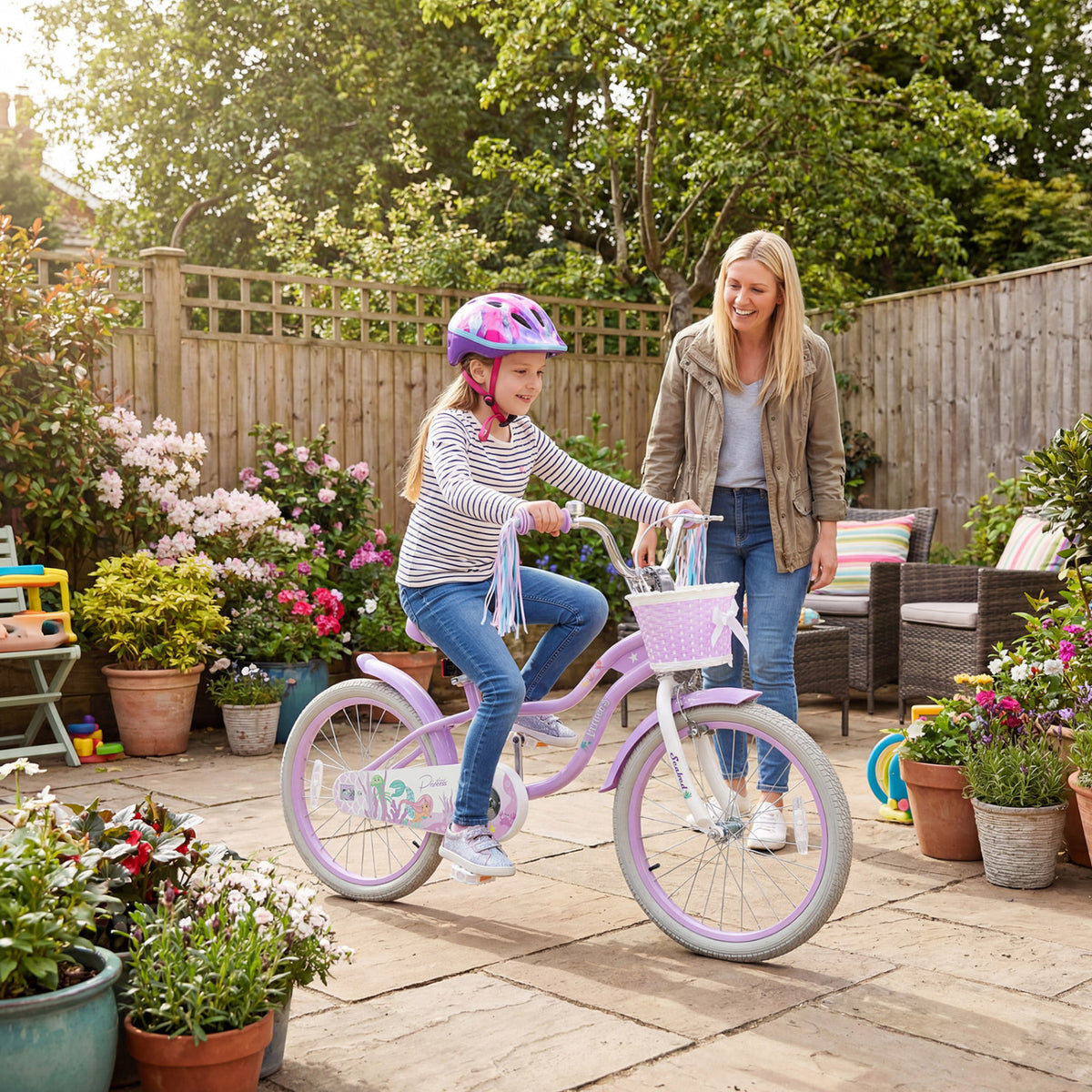 20 Inch Kids Bike Adjustable with Basket and Streamers Purple - Princess of the Sea Theme