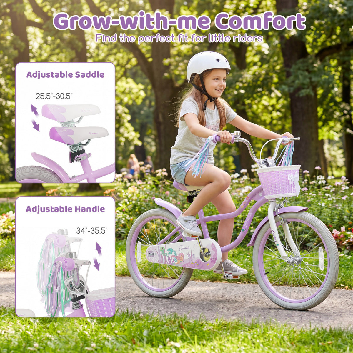 20 Inch Kids Bike Adjustable with Basket and Streamers Purple - Princess of the Sea Theme