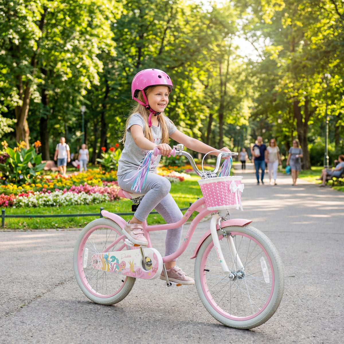 20 Inch Kids Bike Adjustable with Basket and Streamers Pink - Princess of the Sea Theme