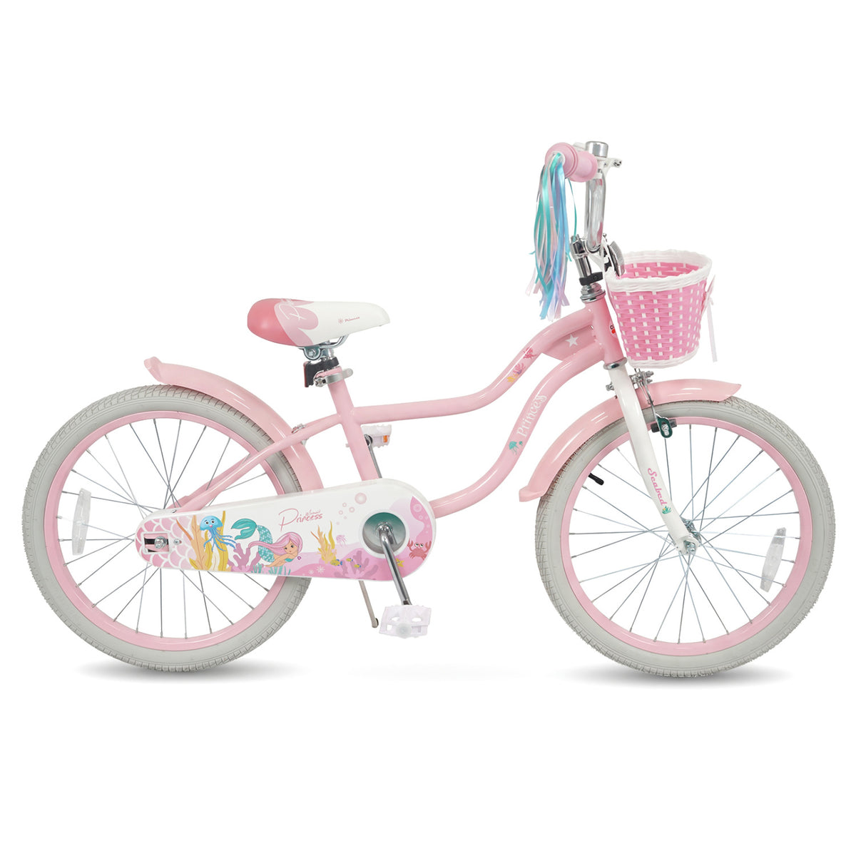 20 Inch Kids Bike Adjustable with Basket and Streamers Pink - Princess of the Sea Theme