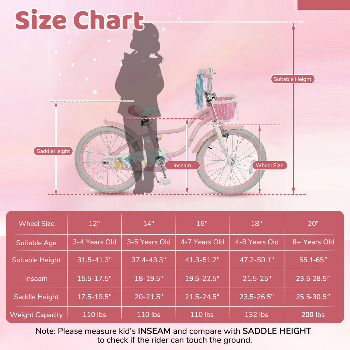 20 Inch Kids Bike Adjustable with Basket and Streamers Pink - Princess of the Sea Theme
