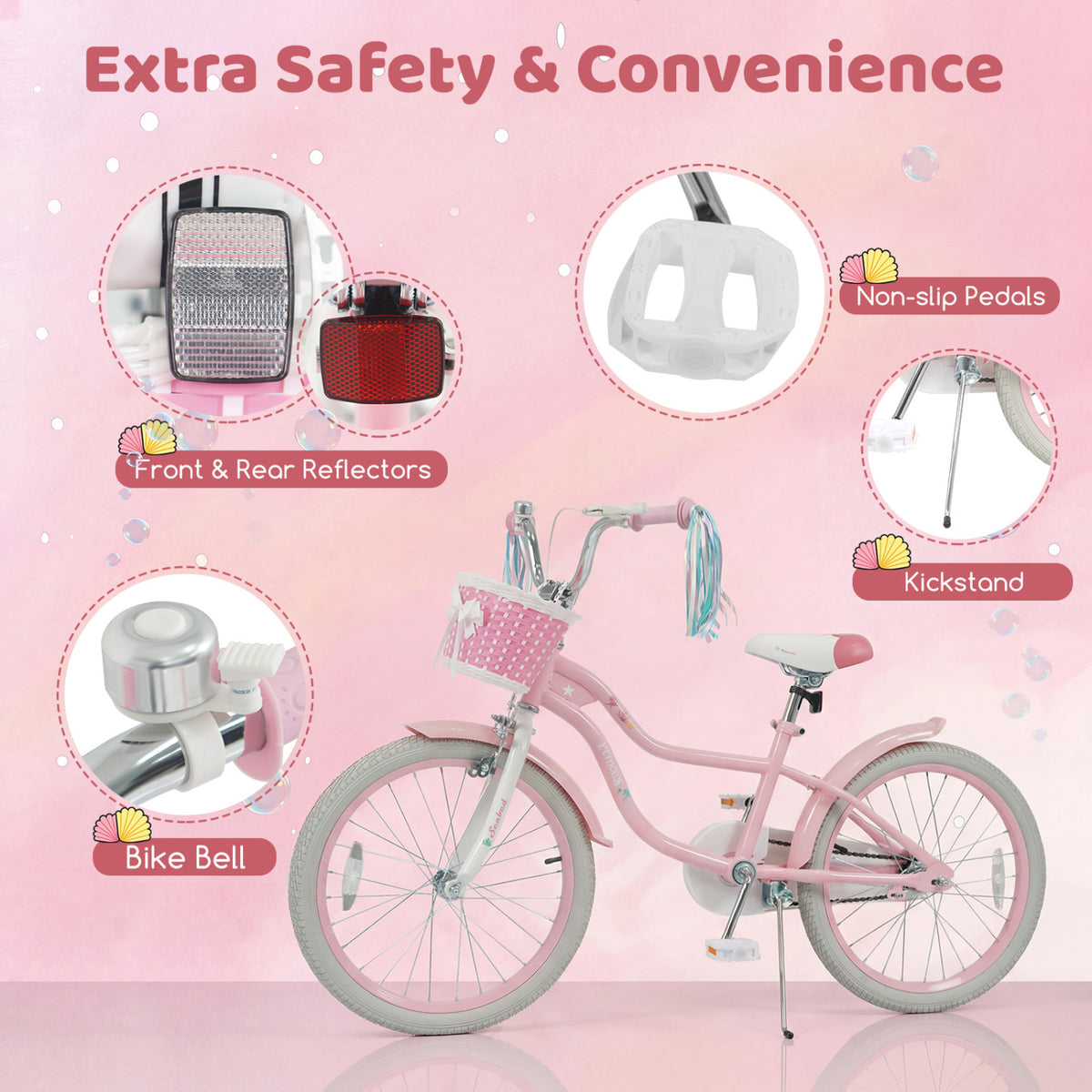20 Inch Kids Bike Adjustable with Basket and Streamers Pink - Princess of the Sea Theme