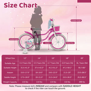 20 Inch Kids Bike Adjustable with Basket and Streamers Rose Red - Princess of the Sea Theme