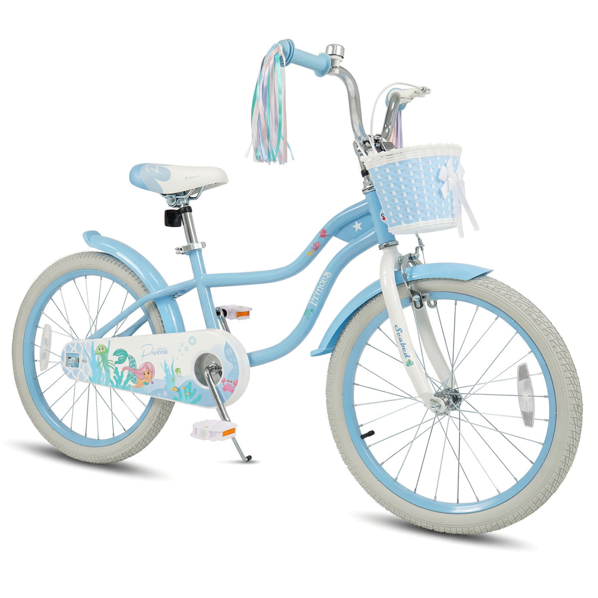 20 Inch Kids Bike Adjustable with Basket and Streamers Blue - Princess of the Sea Theme